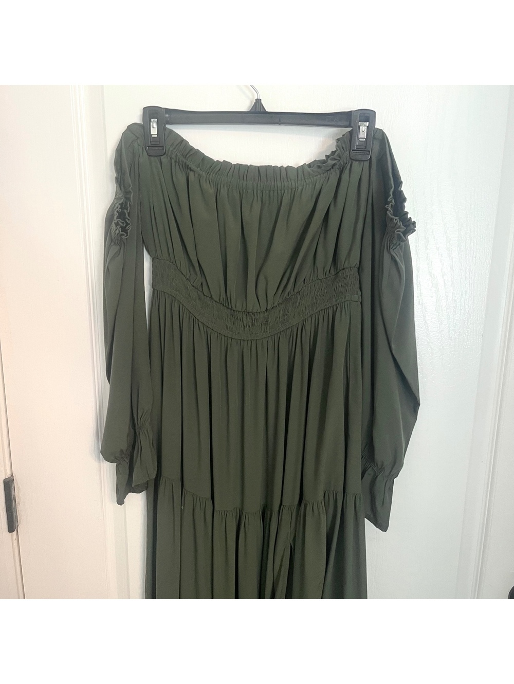 Zesica Olive Green Off the Shoulder Maxi Dress Whimsical